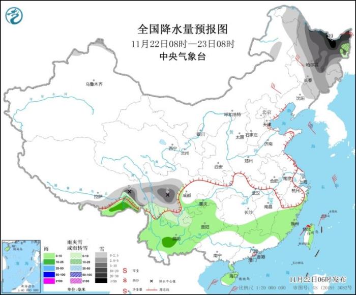 　图4 全国降水量预报图(11月22日08时-23日08时)