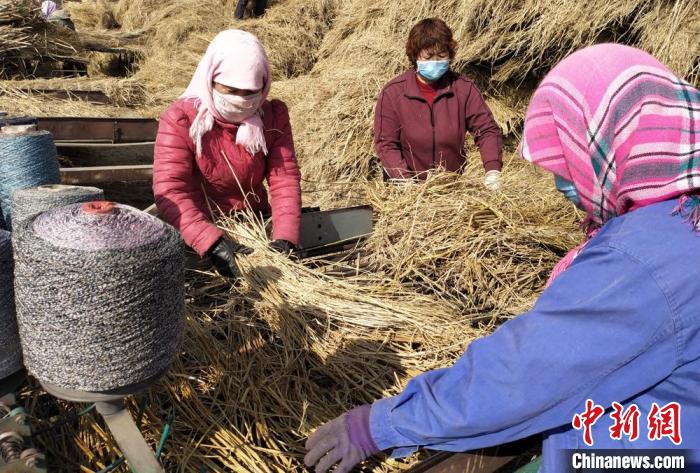 图为王爱玲(右二)和工人编织草帘。(资料图) 受访者供图