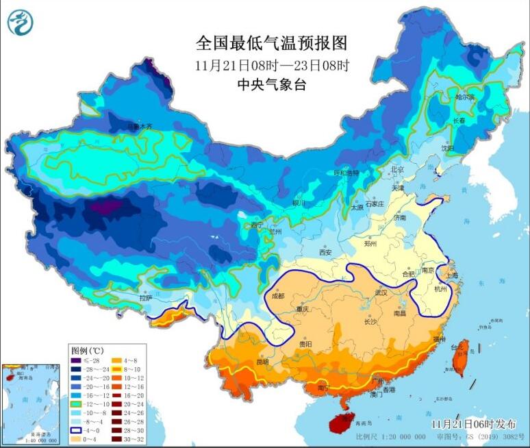 全国最低气温预报图(21日08时-23日08时)