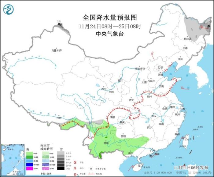 全国降水量预报图(11月24日08时-25日08时)