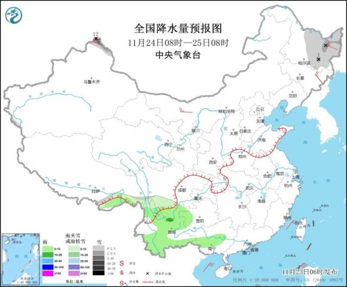 全国降水量预报图(11月24日08时-25日08时)