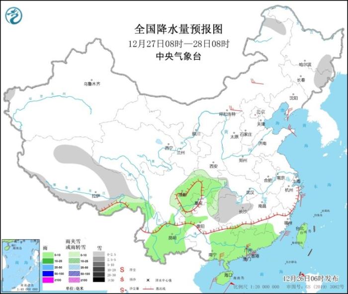 全国降水量预报图(12月27日8时-28日8时)