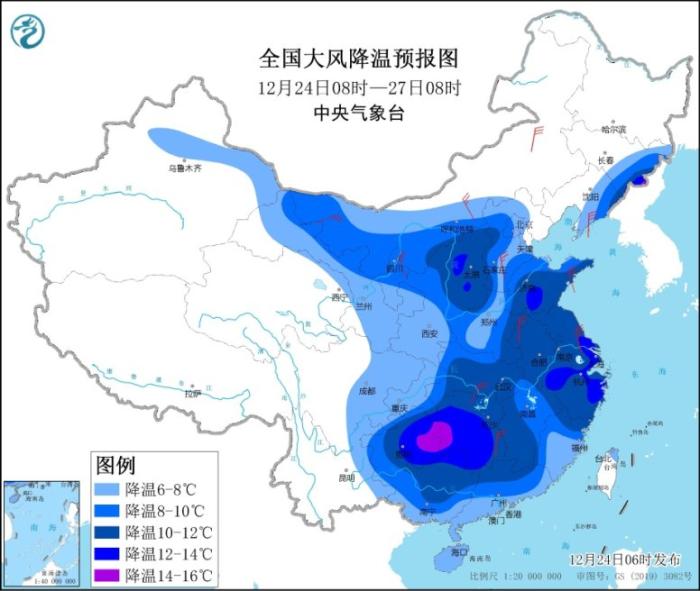 图1 全国大风降温预报图(12月24日08时-27日08时)