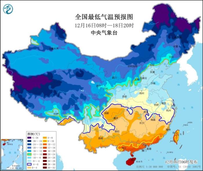 全国最低气温预报图(12月16日8时-18日20时)