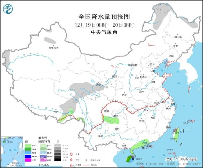 全国降水量预报图(12月19日8时-20日8时)