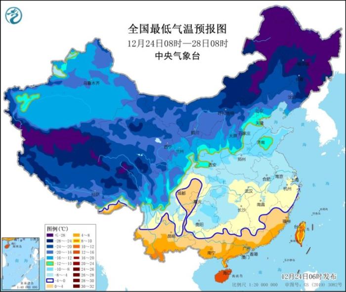 图2 全国最低气温预报图(12月24日08时-28日08时)