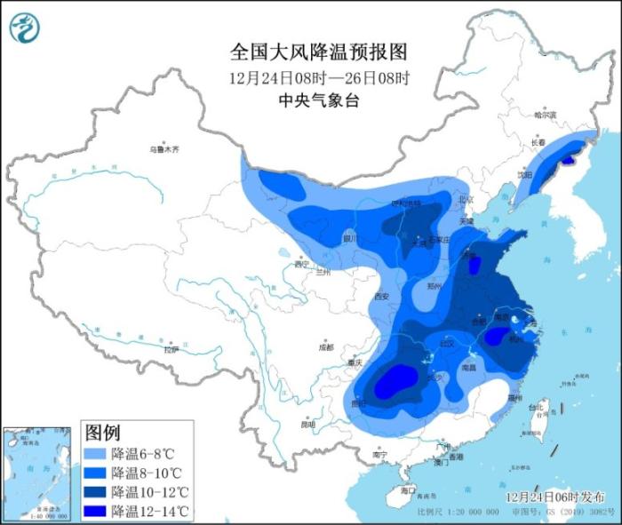 图3 全国大风降温预报图(12月24日08时-26日08时)