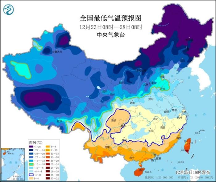 图2 全国最低气温预报图(12月23日08时-28日08时)