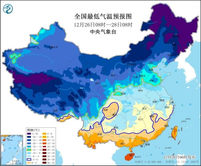 全国最低气温预报图(12月26日8时-28日8时)