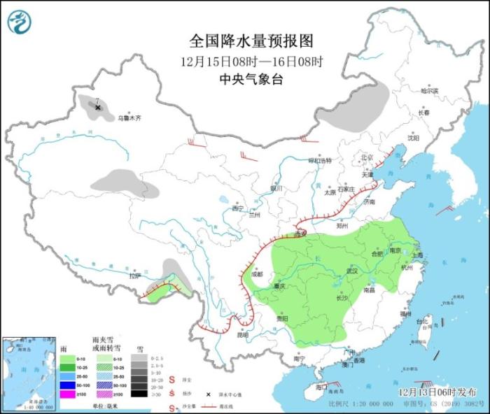 全国降水量预报图(12月15日8时-16日8时)