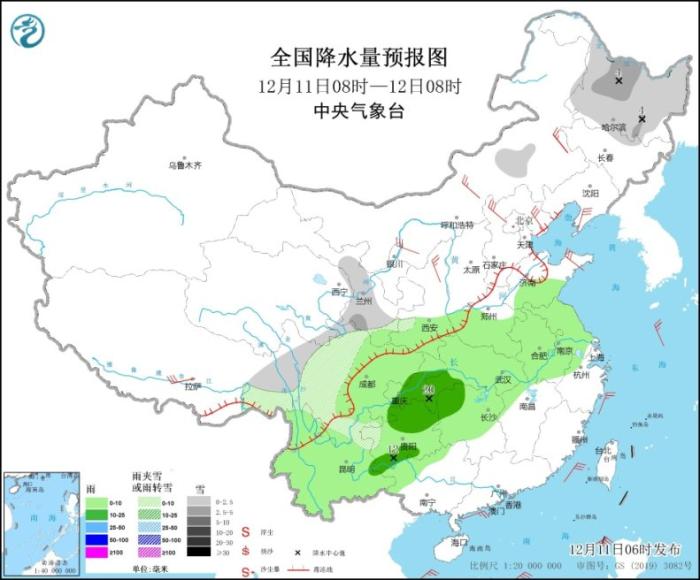 全国降水量预报图(12月11日8时-12日8时)