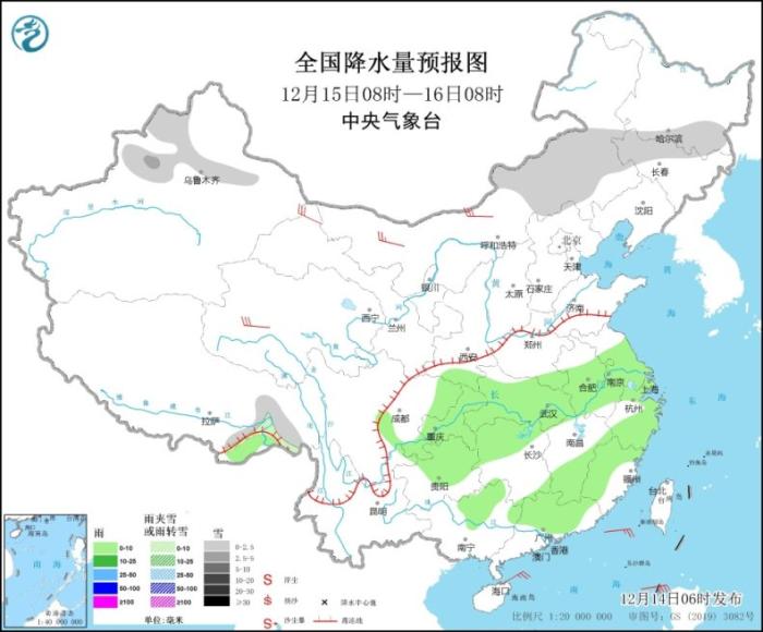 全国降水量预报图(12月15日8时-16日8时)