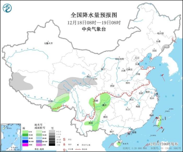 全国降水量预报图(12月18日8时-19日8时)