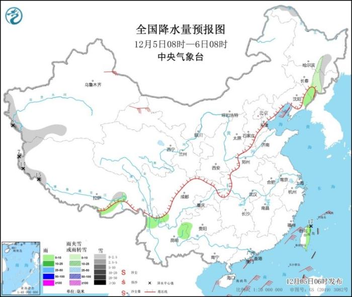 全国降水量预报图(12月5日08时-6日08时)