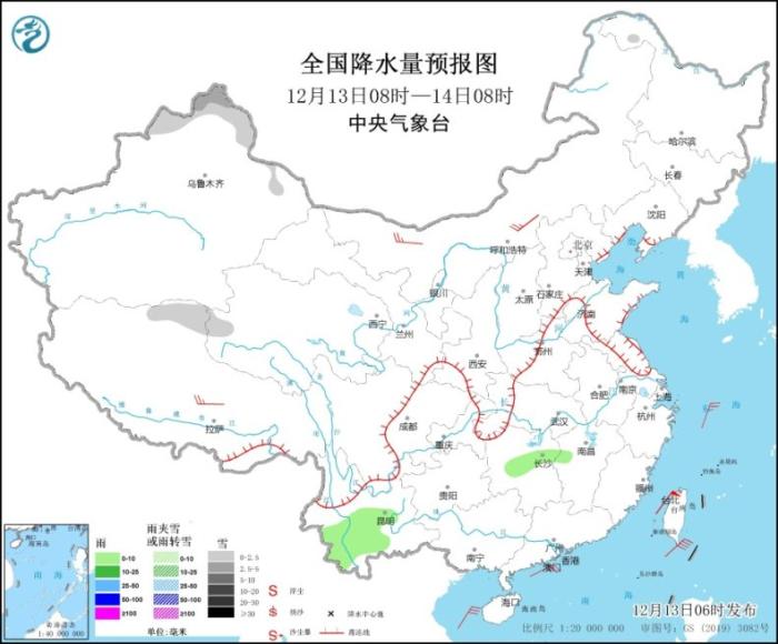 全国降水量预报图(12月13日8时-14日8时)