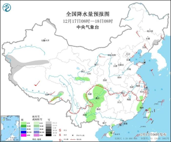 全国降水量预报图(12月17日8时-18日8时)