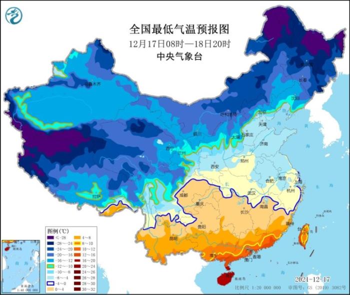 全国最低气温预报图(12月17日8时-18日20时)