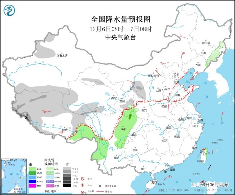 全国降水量预报图(12月6日08时-7日08时)