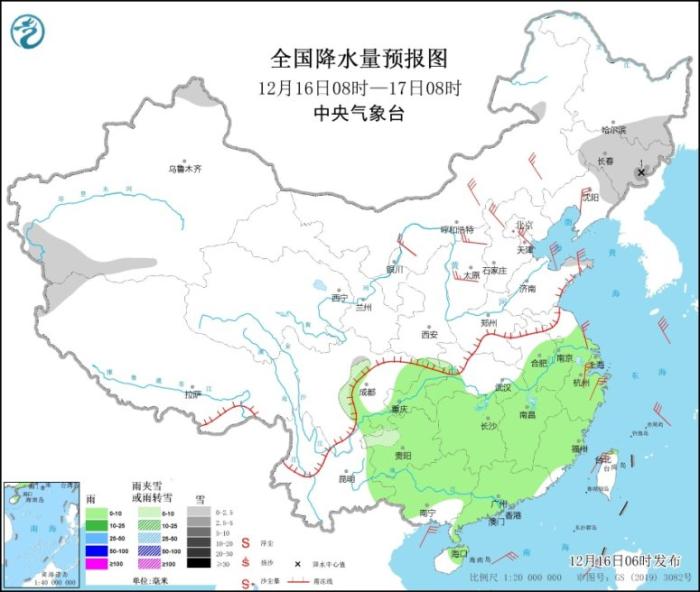 全国降水量预报图(12月16日8时-17日8时)