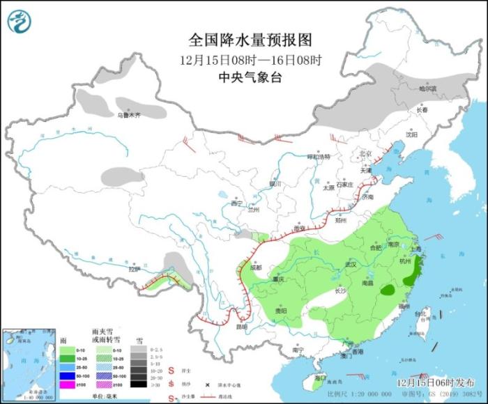 全国降水量预报图(12月15日8时-16日8时)