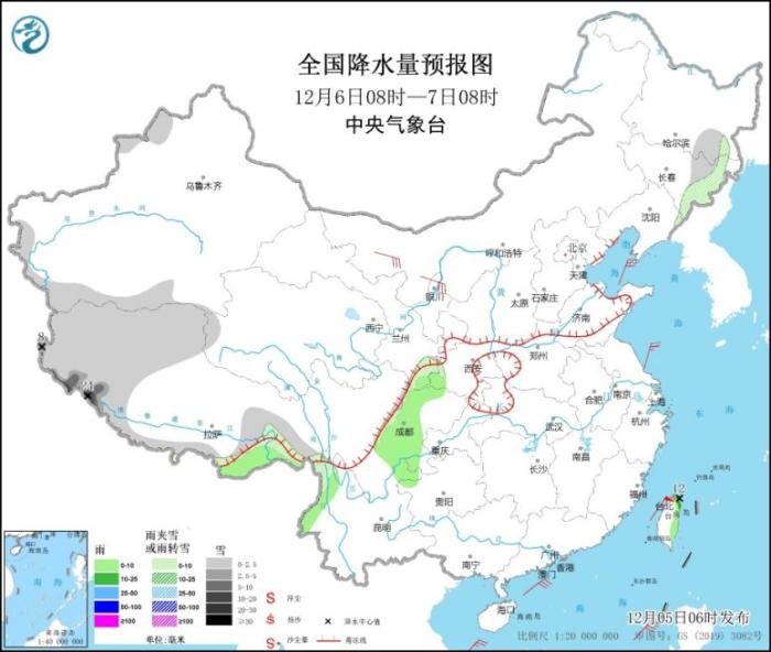 全国降水量预报图(12月6日08时-7日08时)