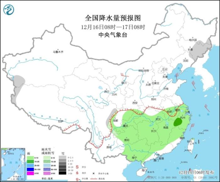 全国降水量预报图(12月16日8时-17日8时)