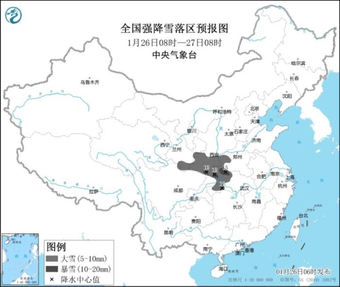 全国强降雪落区预报图(1月26日8时-27日8时)