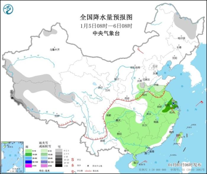 全国降水量预报图(1月5日08时-6日08时)