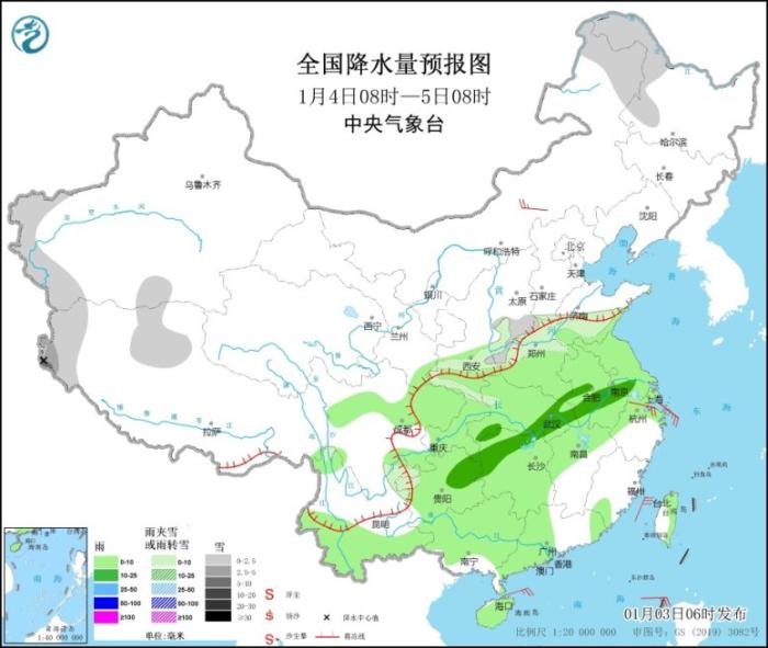 全国降水量预报图(1月4日08时-5日08时)