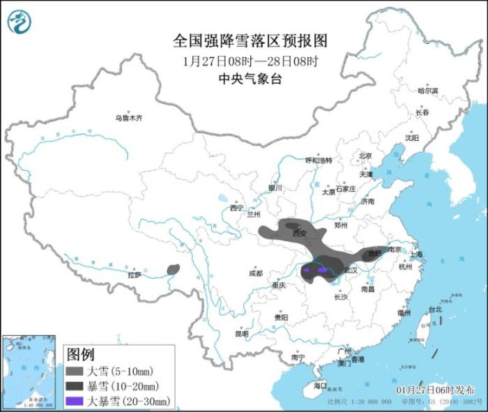 全国强降雪落区预报图(1月27日8时-28日8时)