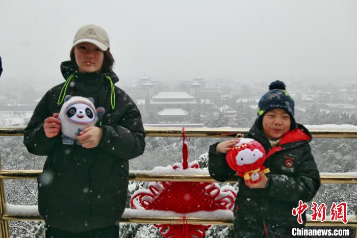 图为游客手持“冰墩墩”“雪容融”在公园拍照。　北京市公园管理中心供图