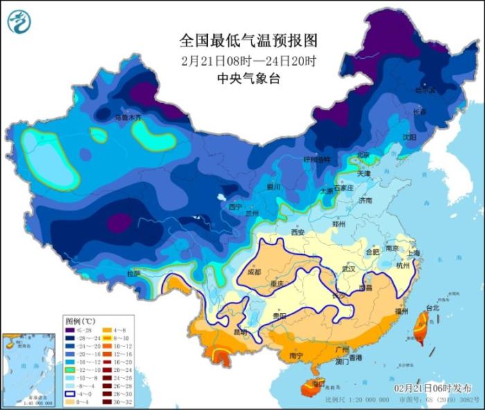 图2 全国最低气温预报图(2月21日08时-24日20时)