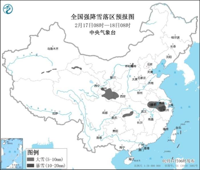 全国强降雪落区预报图(2月17日08时-18日08时)