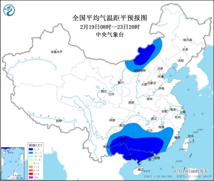 全国平均气温距平预报图(2月19日08时-23日20时)