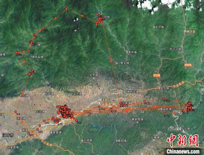 2020年6月—2022年2月朱鹮64L放飞后卫星轨迹图。　陕西汉中朱鹮国家级自然保护区管理局供图