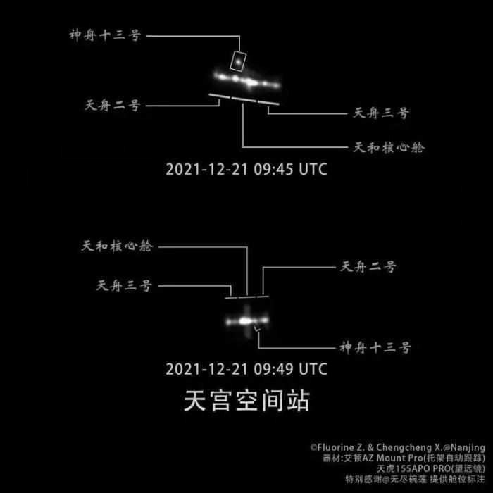 2021年12月21日，中国空间站核心舱、天舟二号货运飞船、天舟三号货运飞船、神舟十三号载人飞船组合体过境南京上空。图为天文望远镜捕捉影像。(徐成城、朱一静 提供)