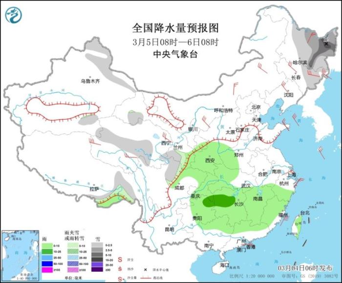 全国降水量预报图(3月5日08时-6日08时)