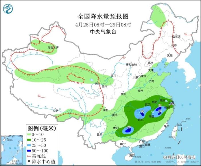 全国降水量预报图(4月28日08时-29日08时)