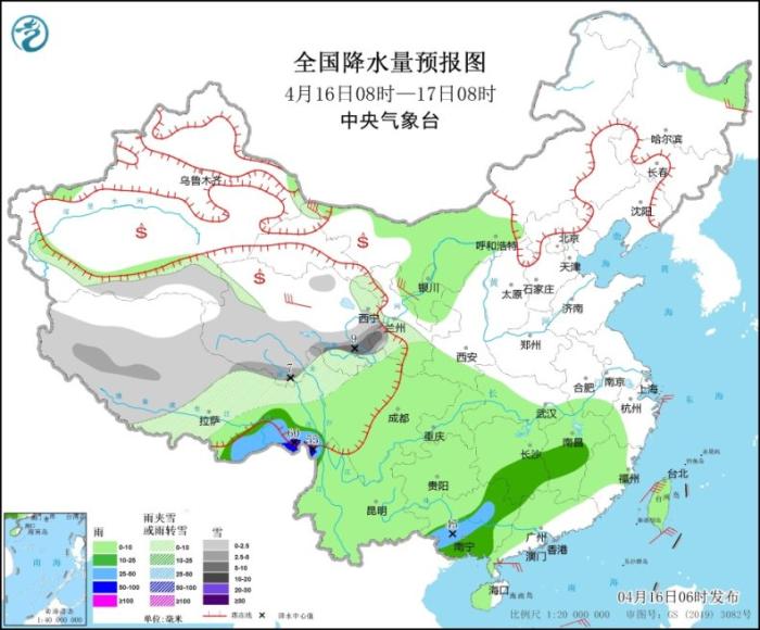 全国降水量预报图(4月16日08时-17日08时)