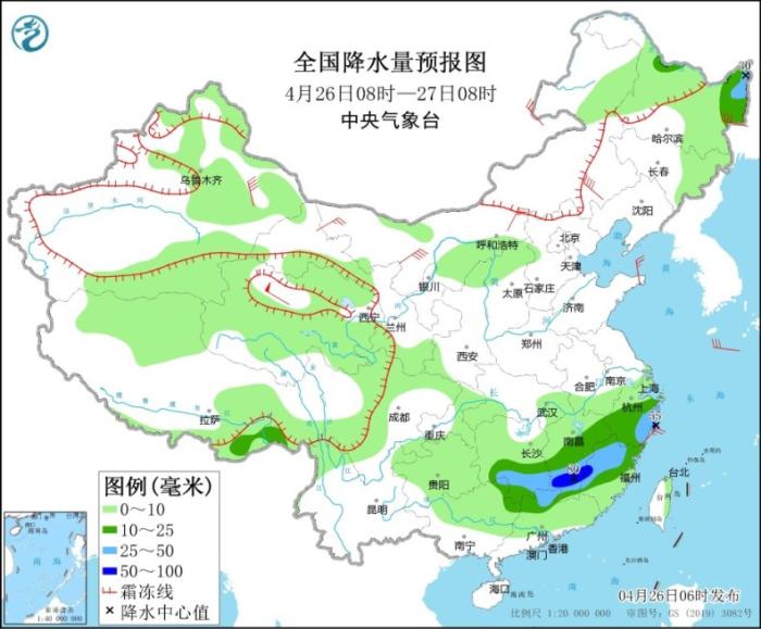 全国降水量预报图(4月26日08时-27日08时)