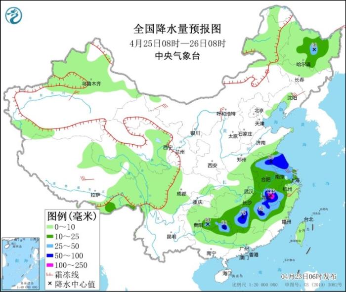 图4 全国降水量预报图(4月25日08时-26日08时)