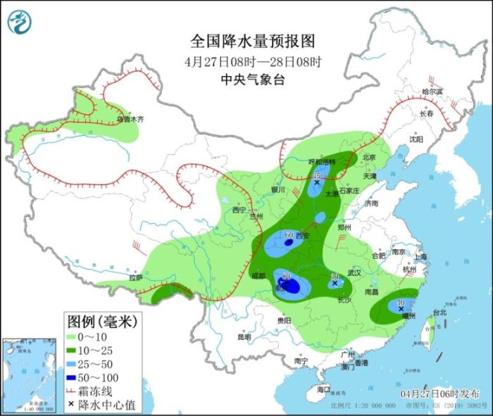 全国降水量预报图(4月27日08时-28日08时)