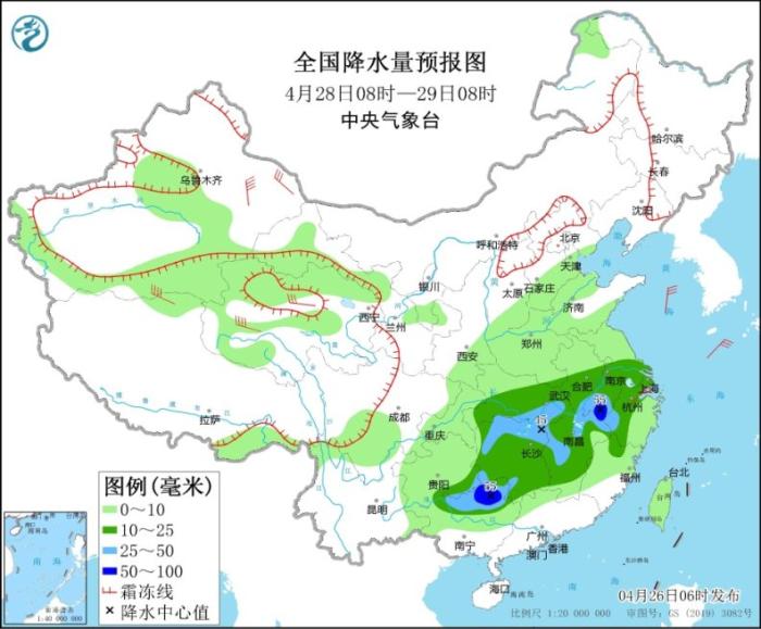 全国降水量预报图(4月28日08时-29日08时)