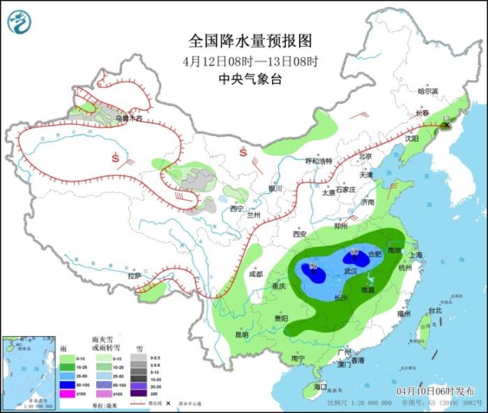 全国降水量预报图(4月12日08时-13日08时)