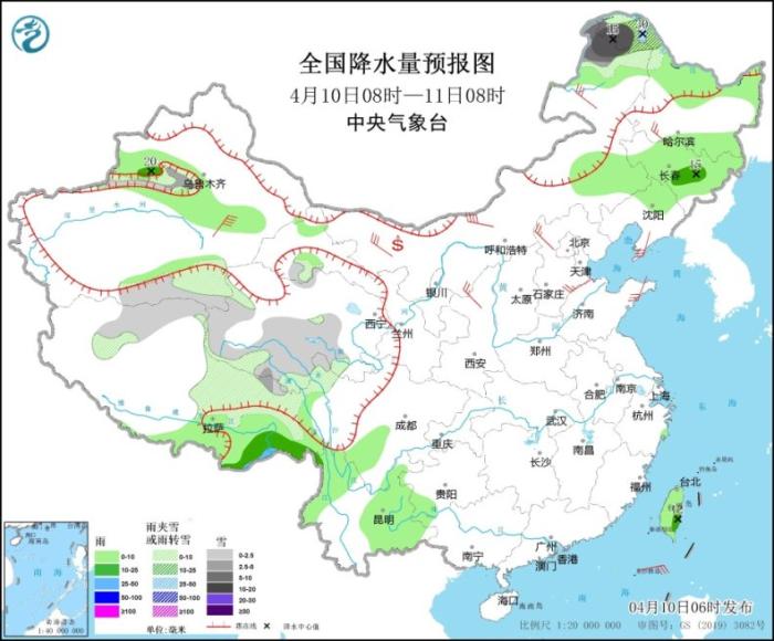 全国降水量预报图(4月10日08时-11日08时)