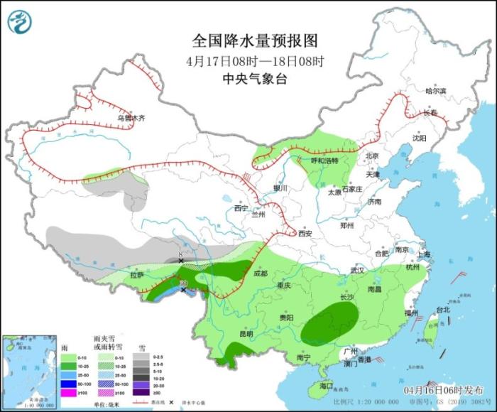 全国降水量预报图(4月17日08时-18日08时)