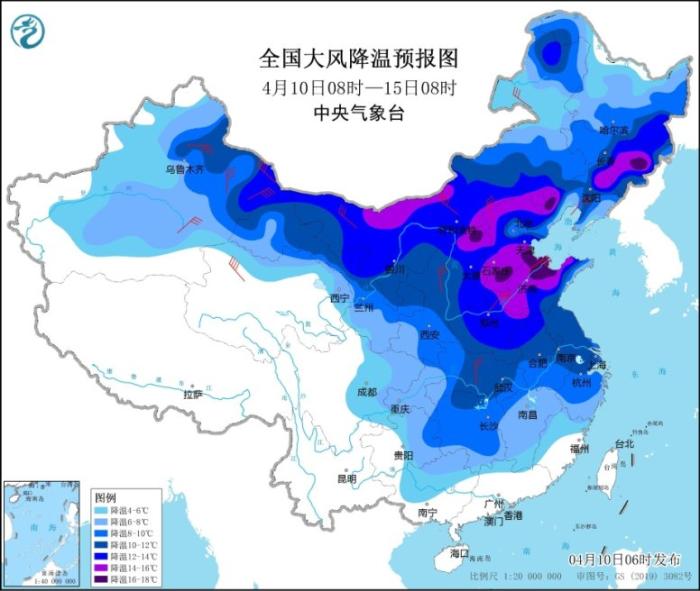 全国大风降温预报图(4月10日08时-15日08时)