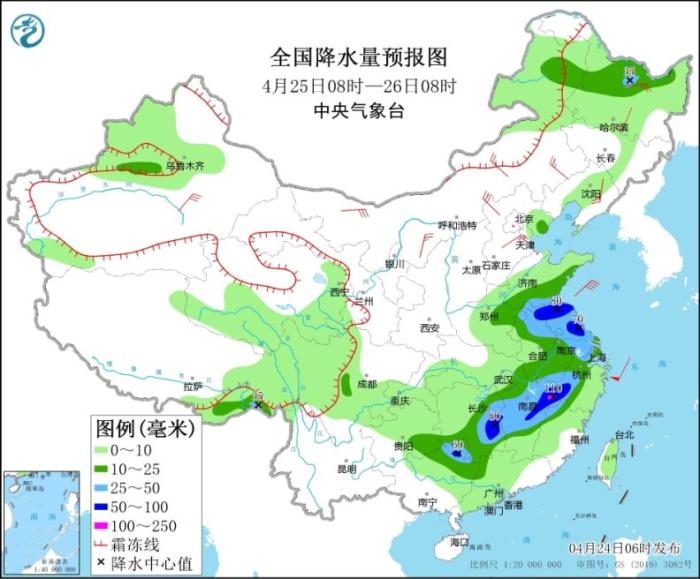 全国降水量预报图(4月25日08时-26日08时)