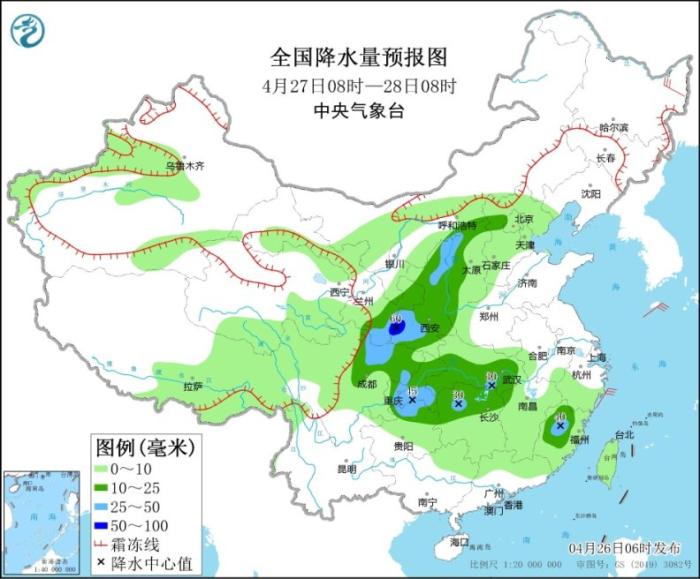 全国降水量预报图(4月27日08时-28日08时)