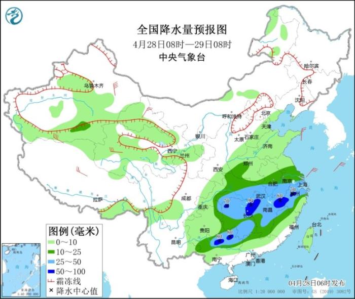 全国降水量预报图(4月28日08时-29日08时)